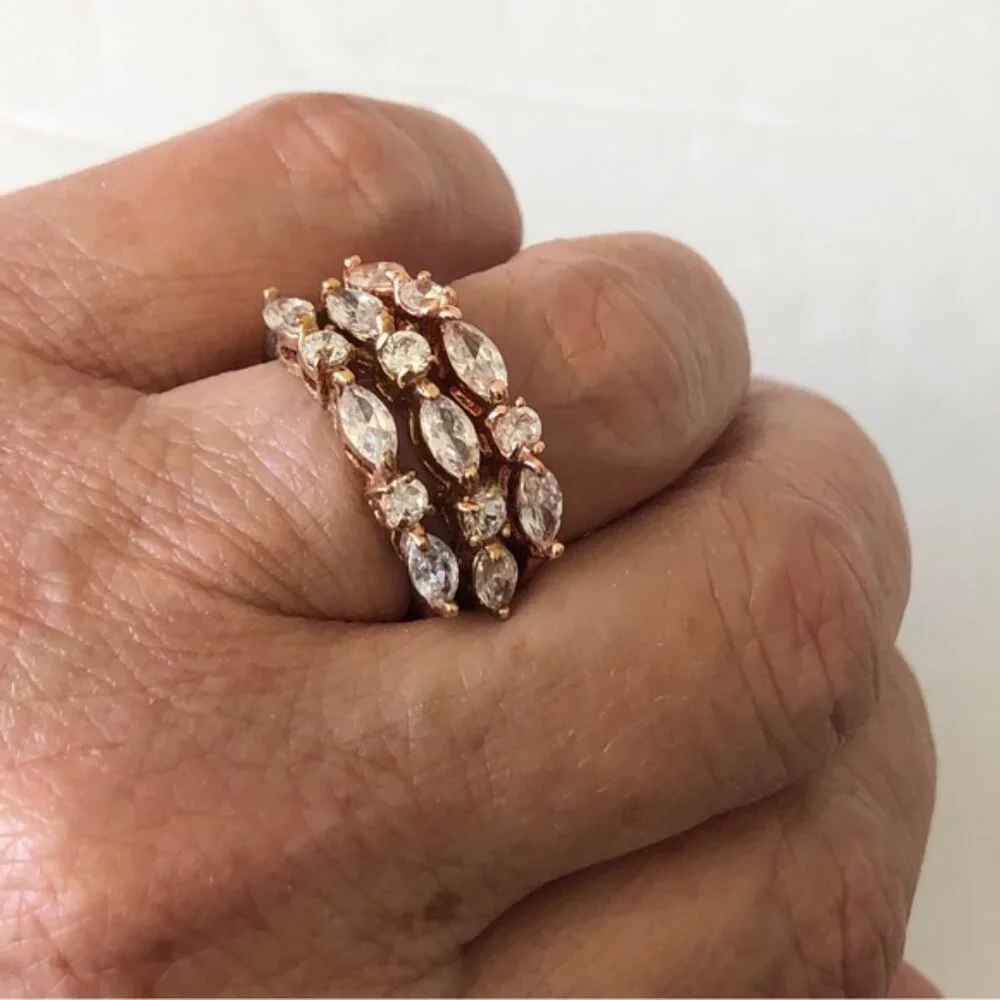 Set of 3 Cocktail rings Gold Plated Color w SZ Clear Mix Shape Sones Sz.8